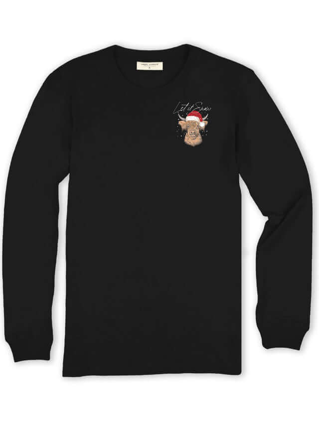 Black long sleeve shirt featuring a highland cow in a Santa hat and 'Let it Snow' text design by Simply Southern.