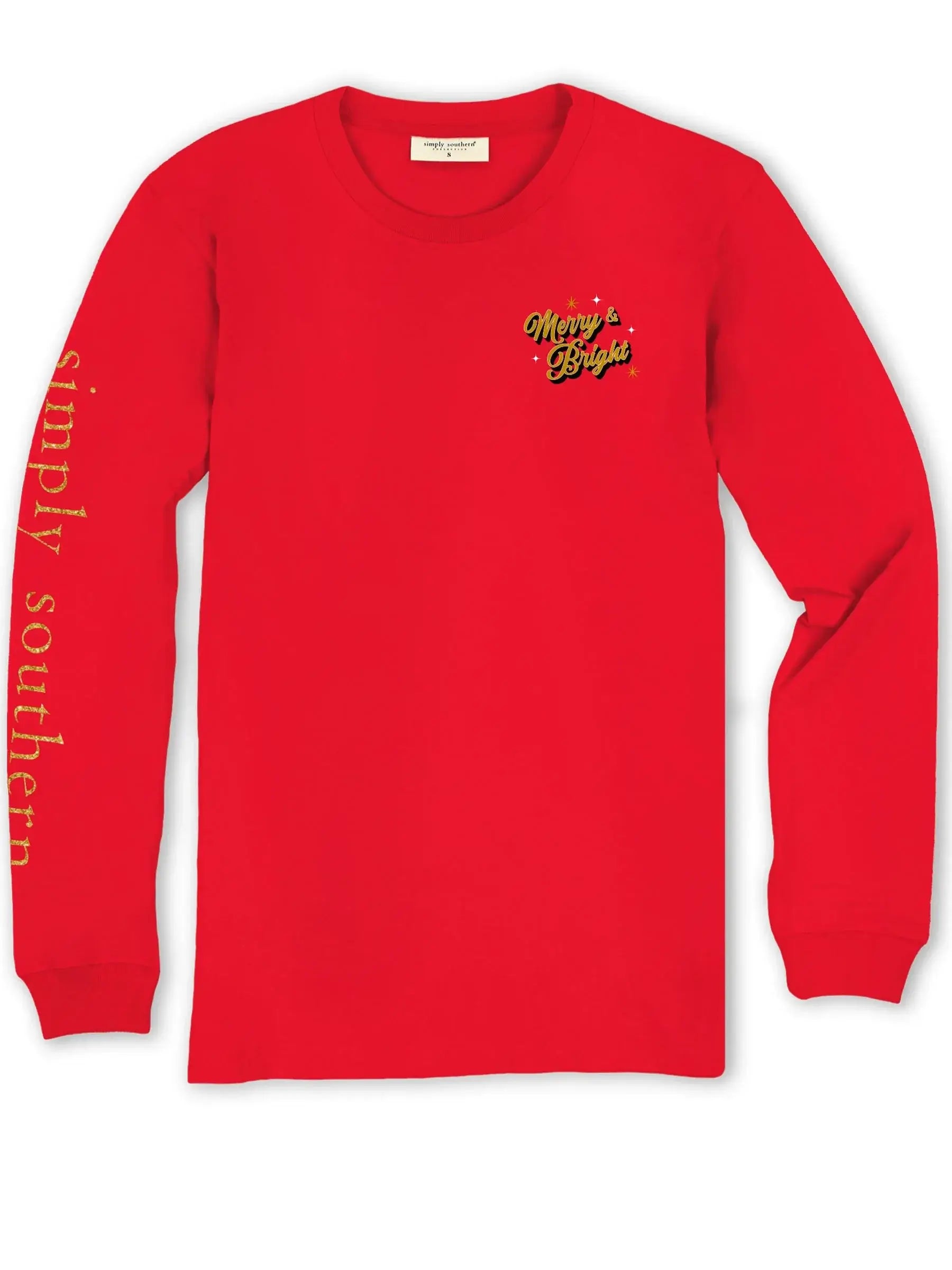 Red long sleeve tee featuring 'Merry & Bright' print by Simply Southern, perfect for festive holiday wear.
