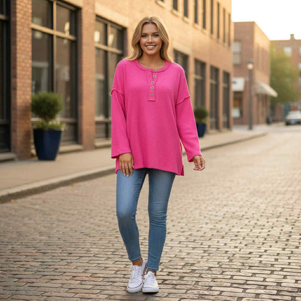 Model wearing CASUAL CHARM TOP - Zenana in bright pink with jeans on a scenic street.