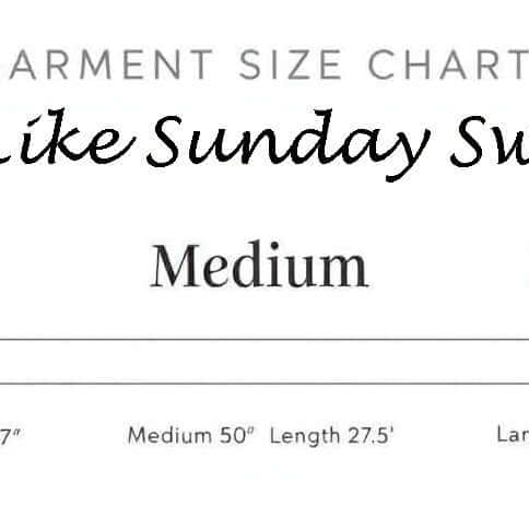 Garment size chart for EASY LIKE SUNDAY SWEATER in Small, Medium, and Large.