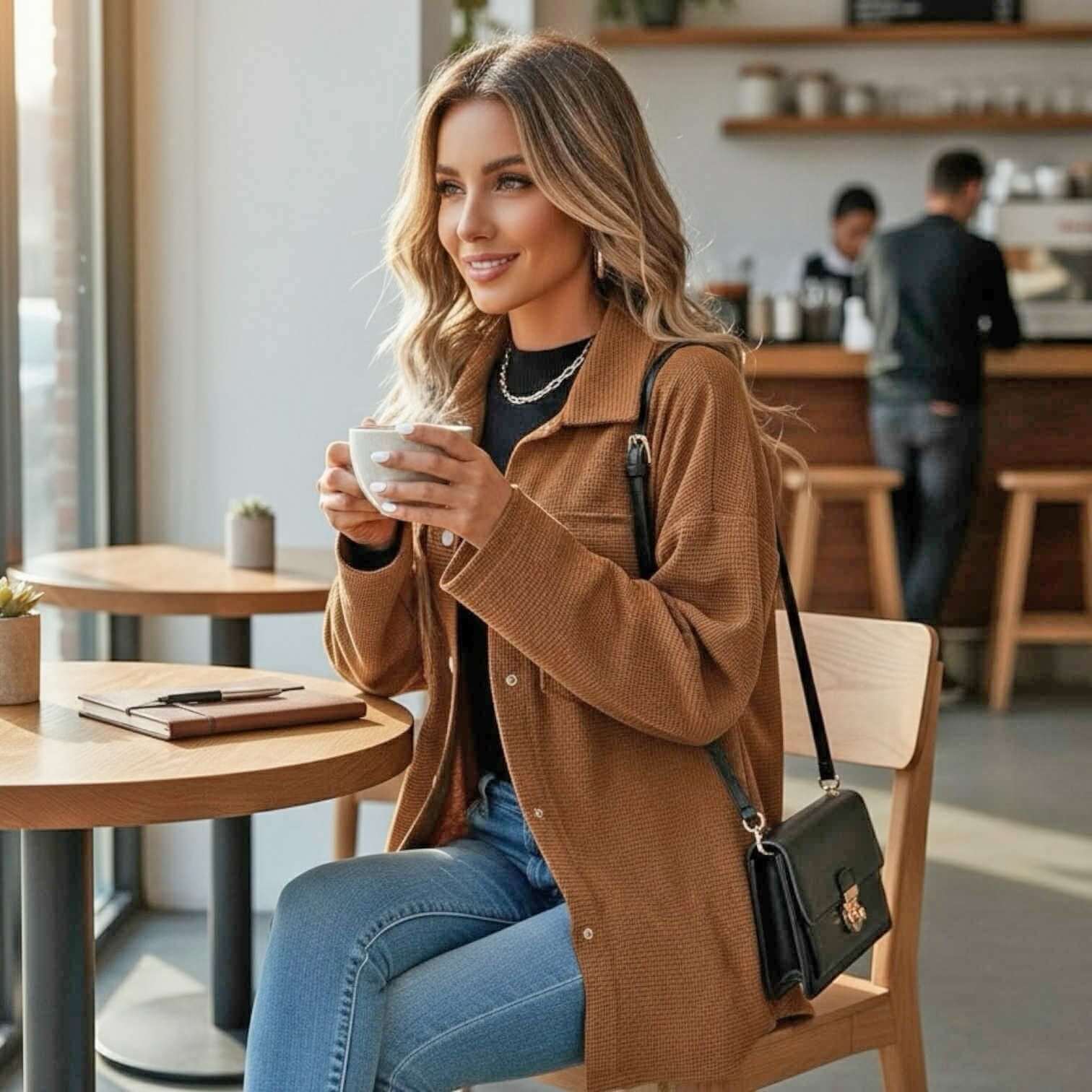 Woman in cozy AMBER WOODS JACKET enjoying coffee in a cafe, showcasing the warm textured fabric and stylish design.