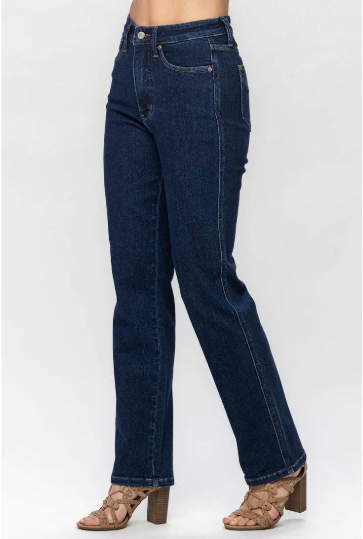 JUDY BLUE Brooke tummy control jeans in dark blue wash, high-waisted, straight leg fit, showcasing a stylish look.