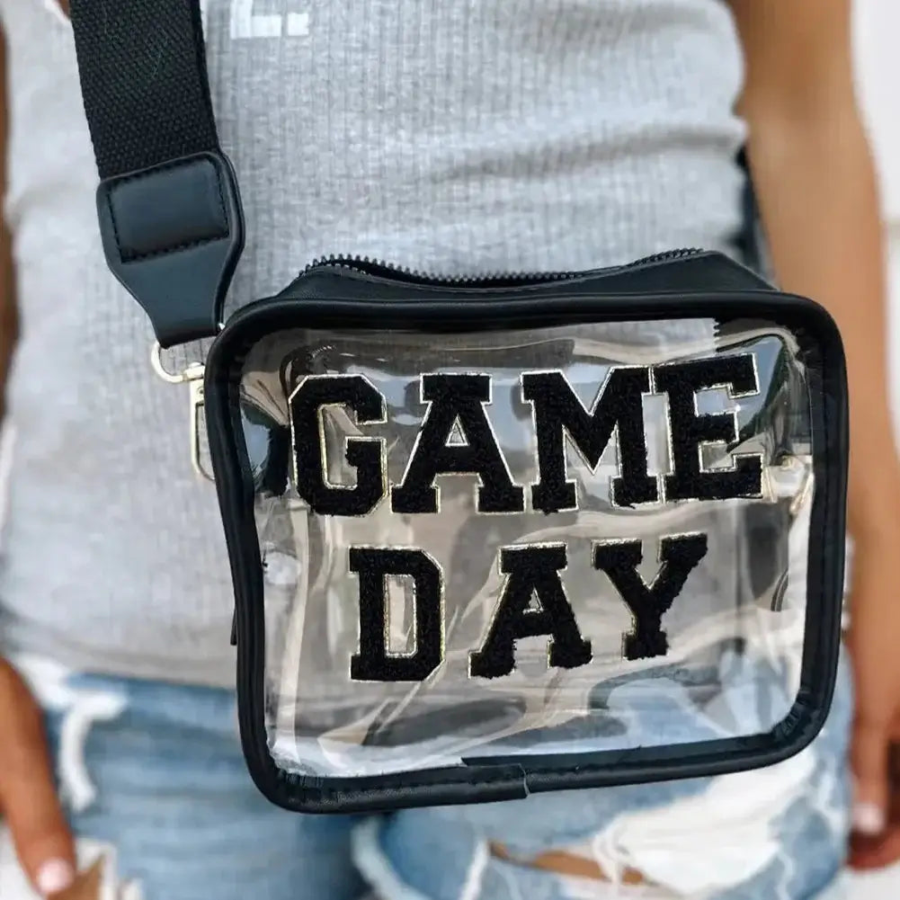 Clear crossbody GAME DAY stadium bag with bold chenille patch lettering, perfect for events.