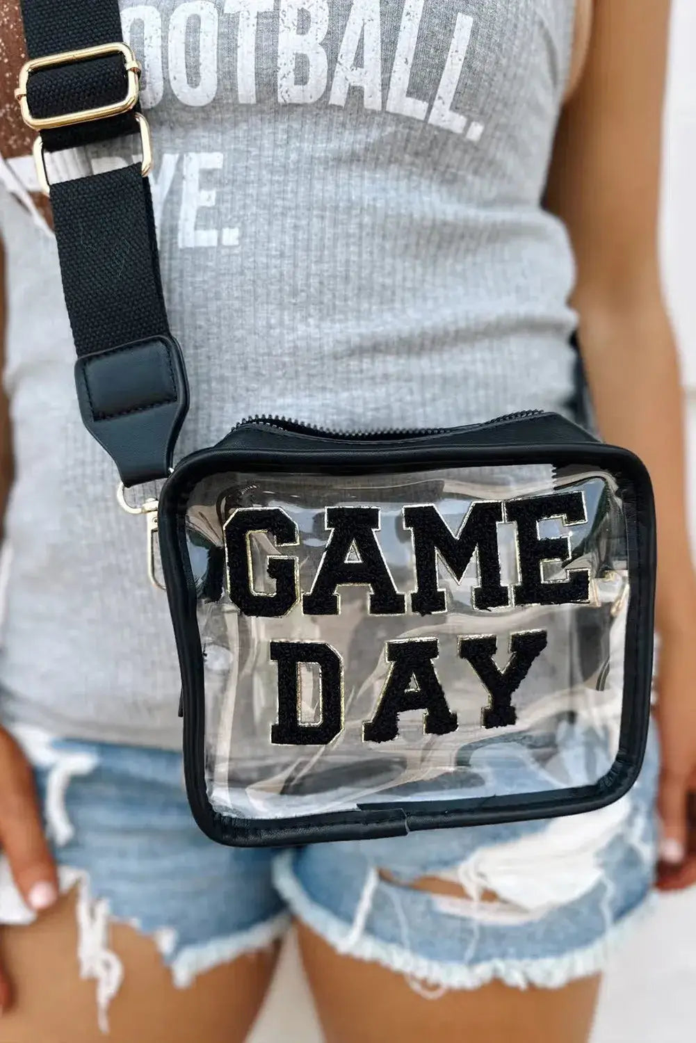 Clear GAME DAY crossbody bag with chenille patch letters, perfect for stadium events and showcasing team spirit.