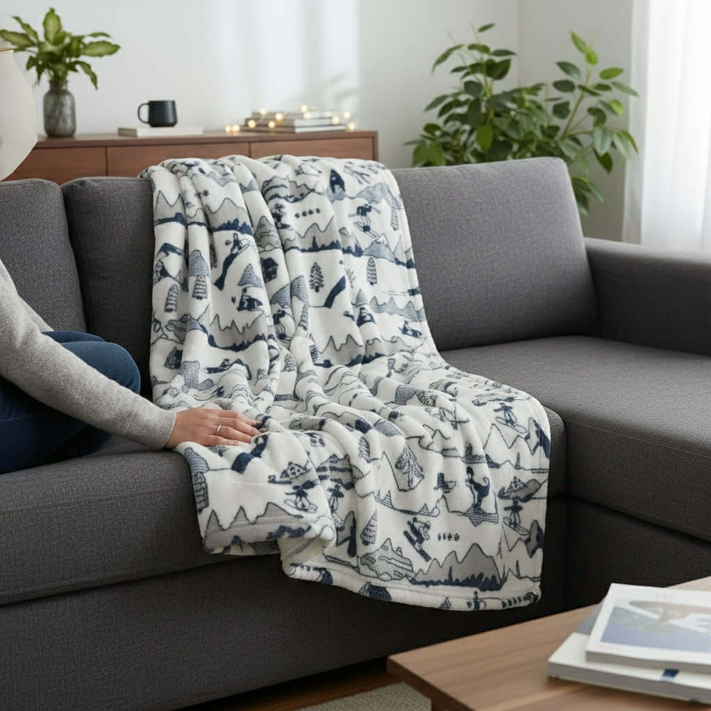 Person relaxing on a sofa with the SNOWY MOUNTAIN PLUSH THROW BLANKET draped over it, showcasing its cozy design.