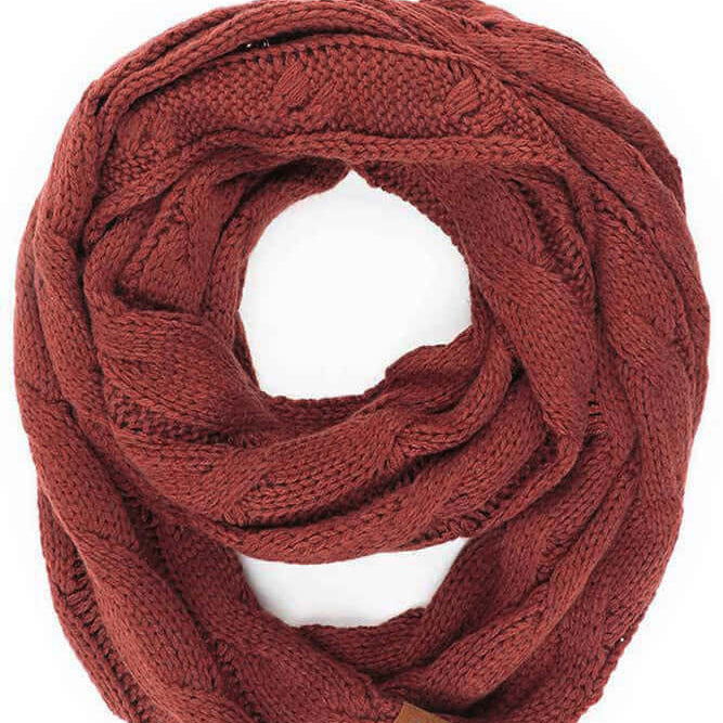 C.C Story Book Knitted Scarf in Chestnut Red, cozy cable knit design, infinity style, 100% acrylic fabric.