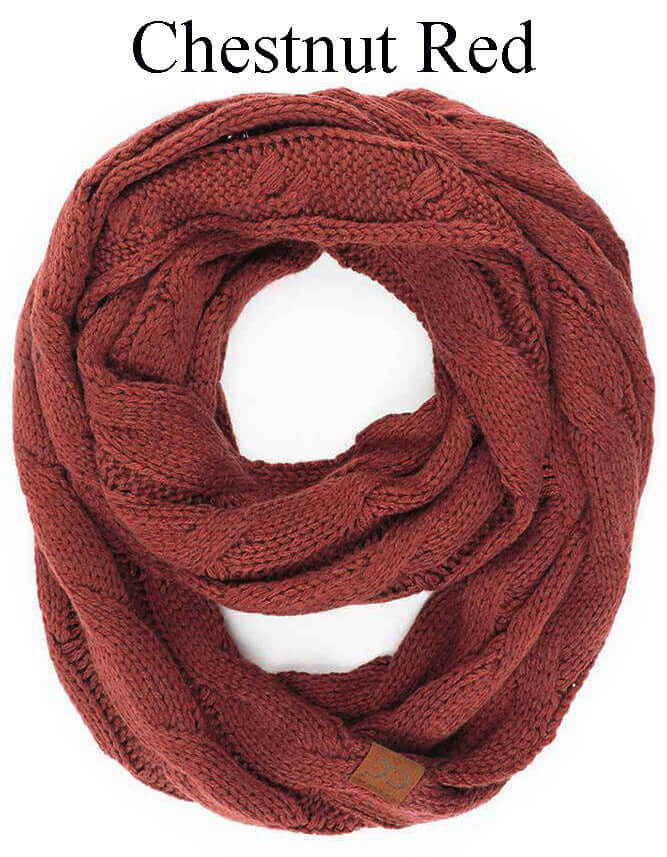 C.C Story Book Knitted Scarf in Chestnut Red, cozy cable knit design, infinity style, 100% acrylic fabric.
