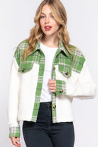 ALPINE CHARM JACKET in pine green plaid with sherpa design, perfect for winter chic style.