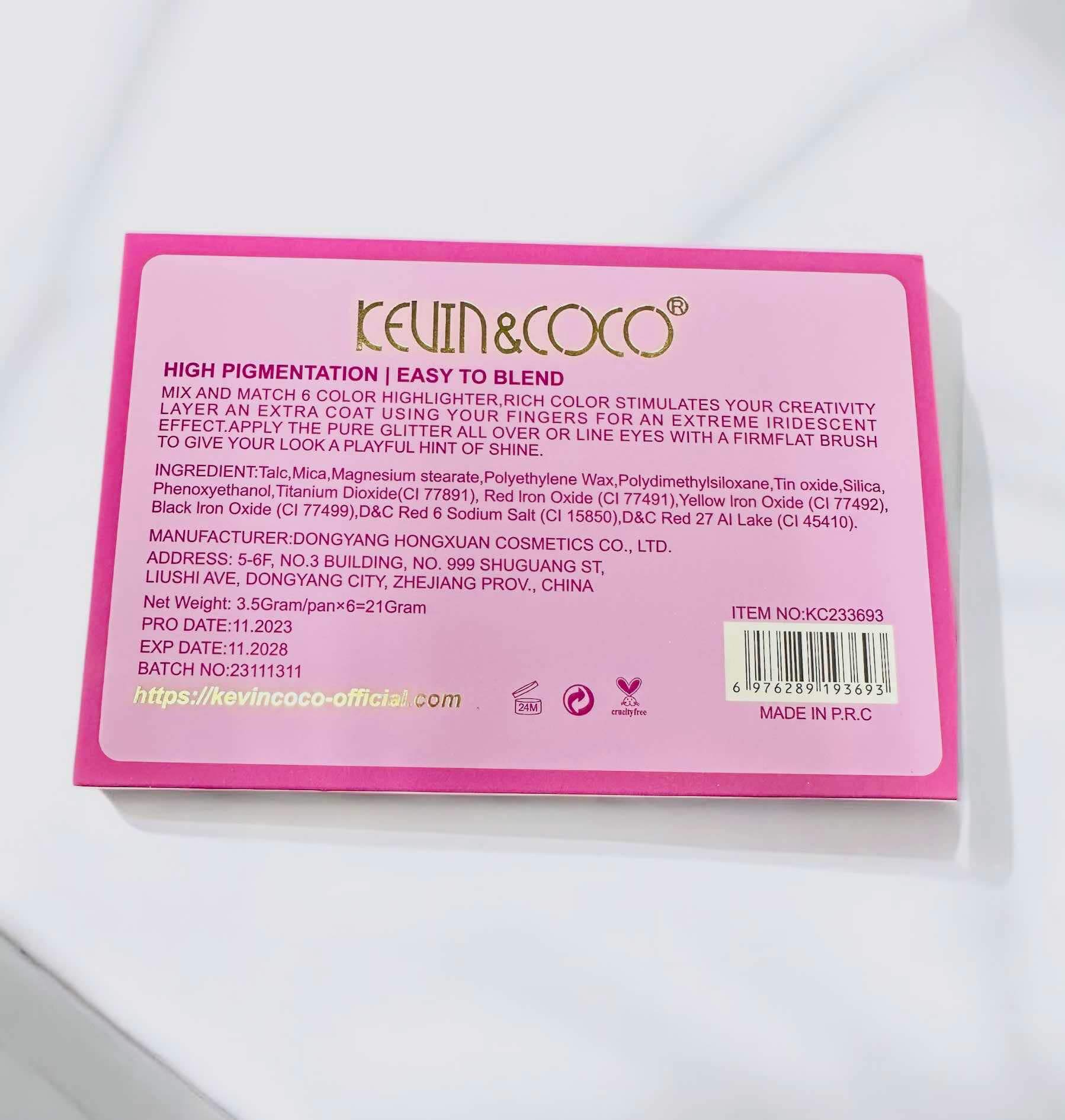 Back of Cupid Hey Eyeshadow Palette by Kevin & Coco, showcasing ingredients and usage instructions.