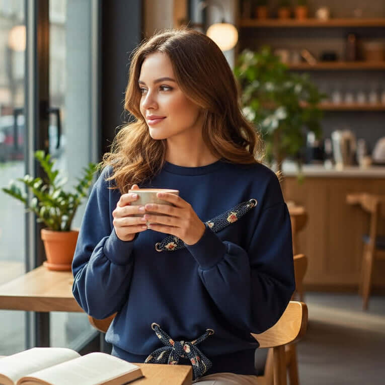 SOFT TIES Crewneck Pullover By Skies Are Blue worn by a woman holding a mug in a cozy café setting.