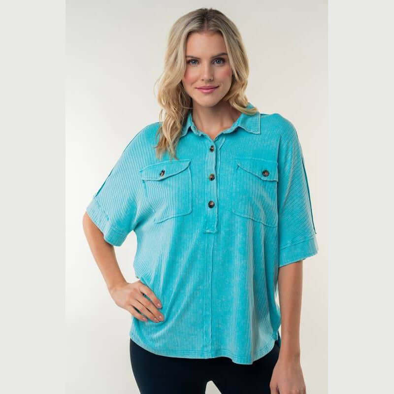 Aqua ribbed knit collared top with half sleeves and flap pockets, perfect for casual wear.
