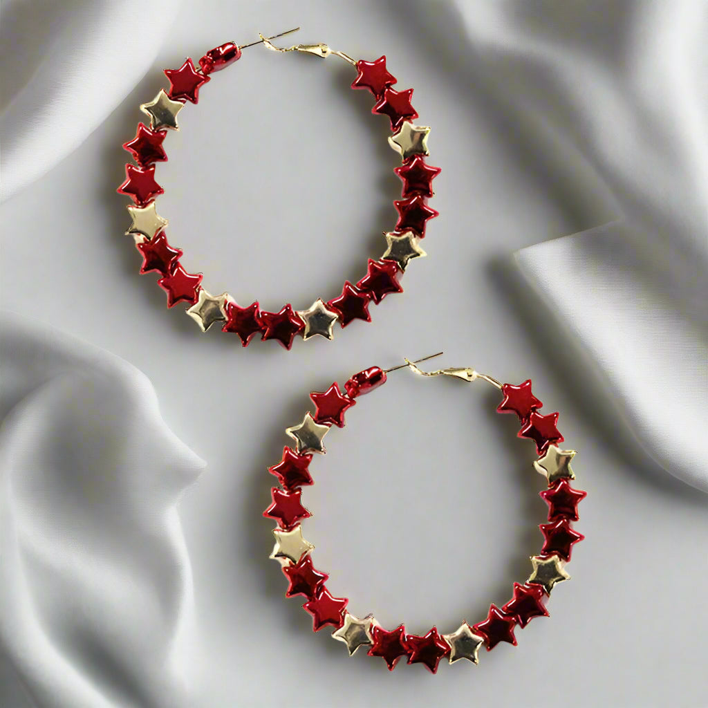 Star Spangled Hoop Earrings featuring red and gold star beads for a patriotic summer style.