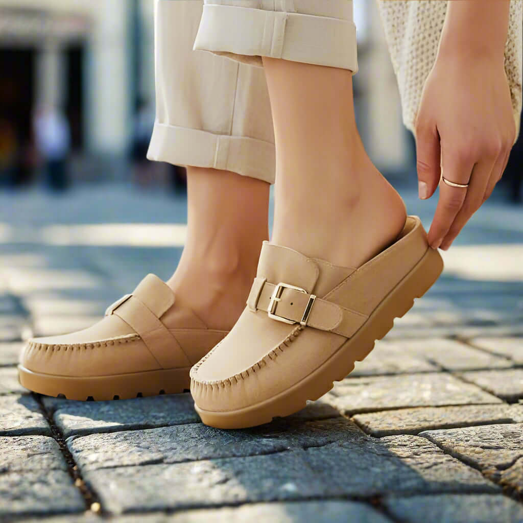 LAIDBACK LUXE SLIDES (Latte) stylish slip-on moccasin shoes in a chic ruffle design, perfect for everyday luxury.