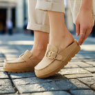 LAIDBACK LUXE SLIDES (Latte) stylish slip-on moccasin shoes in a chic ruffle design, perfect for everyday luxury.