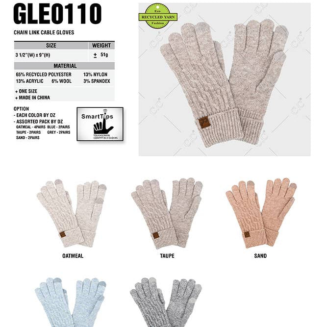 C.C Chain Link Cable Gloves display, showcasing color options: oatmeal, trappe, sand, blue, and grey.