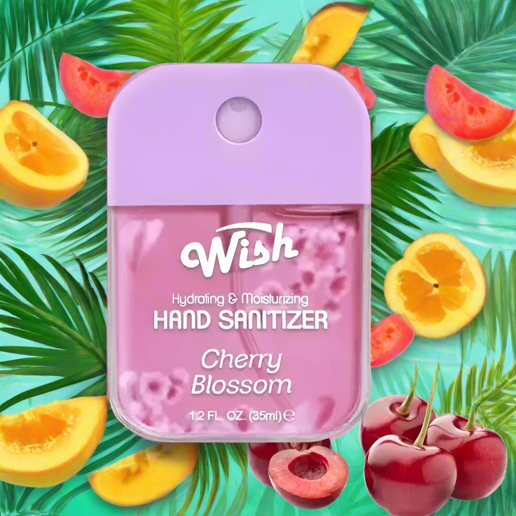 WISH Cherry Blossom Hand Sanitizer 35ml, hydrating and moisturizing, refreshing scent among tropical fruits.