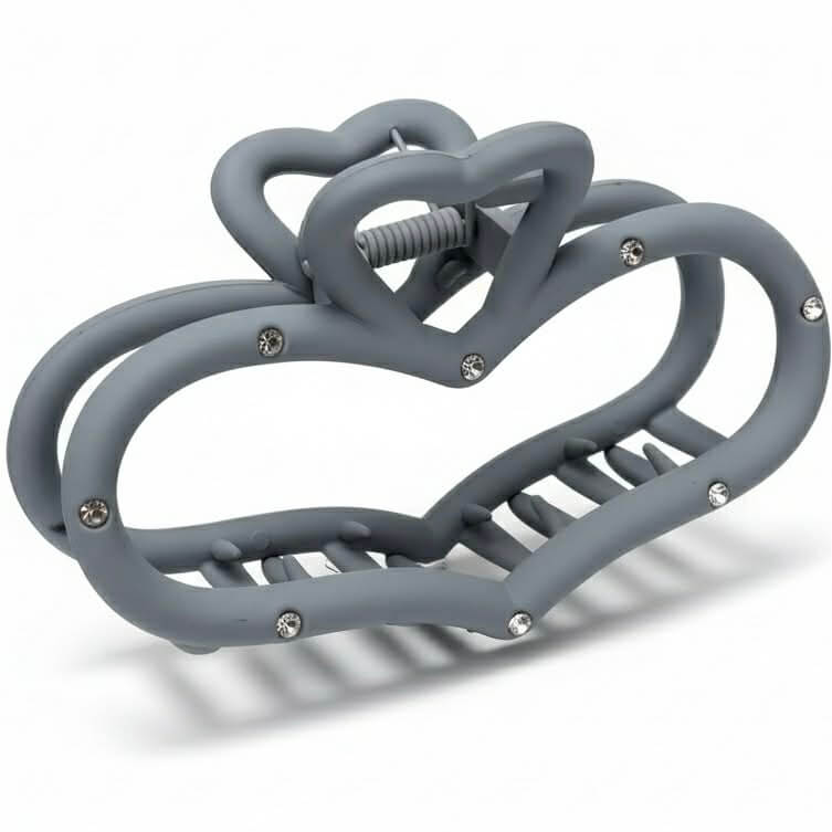 Matte Heart Shaped Stone Accent Hair Claw Clip with rhinestones and a soft matte finish in gray.