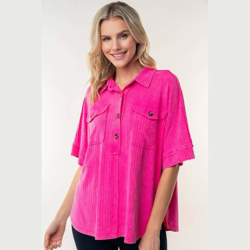 Casual pink ribbed knit collared top with flap patch pockets and half sleeves, perfect for everyday wear.