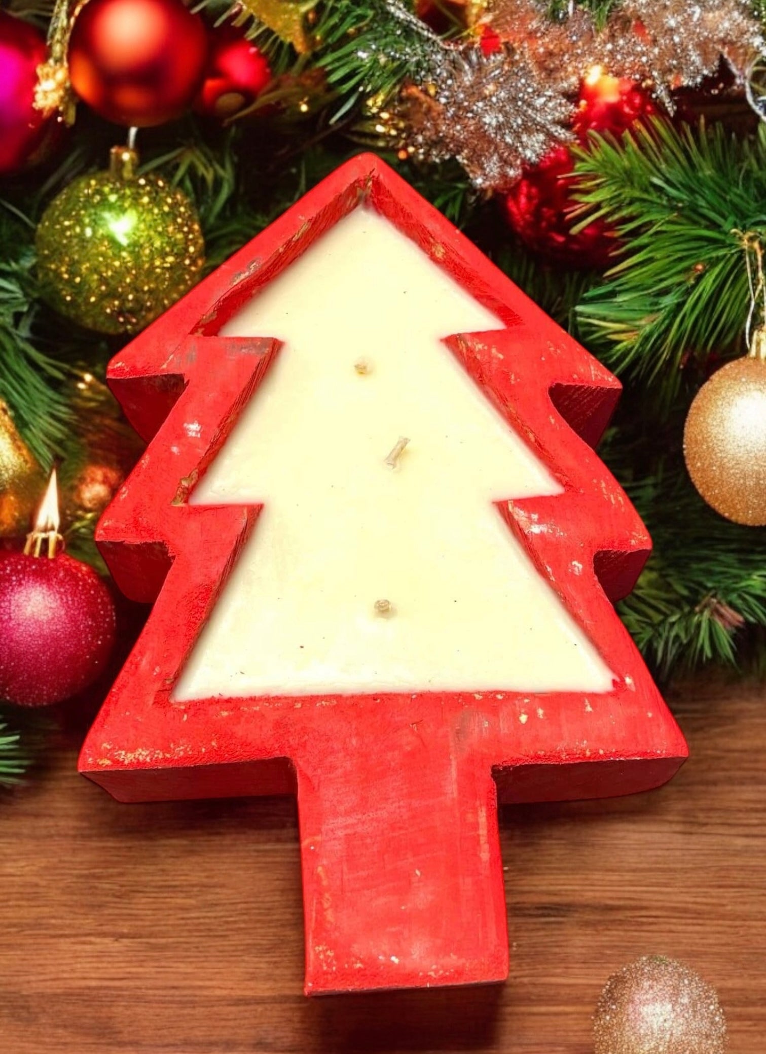 Handmade Christmas tree dough bowl candle in red, holiday aroma, three wicks, pure soy wax.