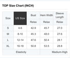 TOP Size Chart for FROSTED FUSION TOP including Bust, Hem Width, and Sleeve Length measurements.