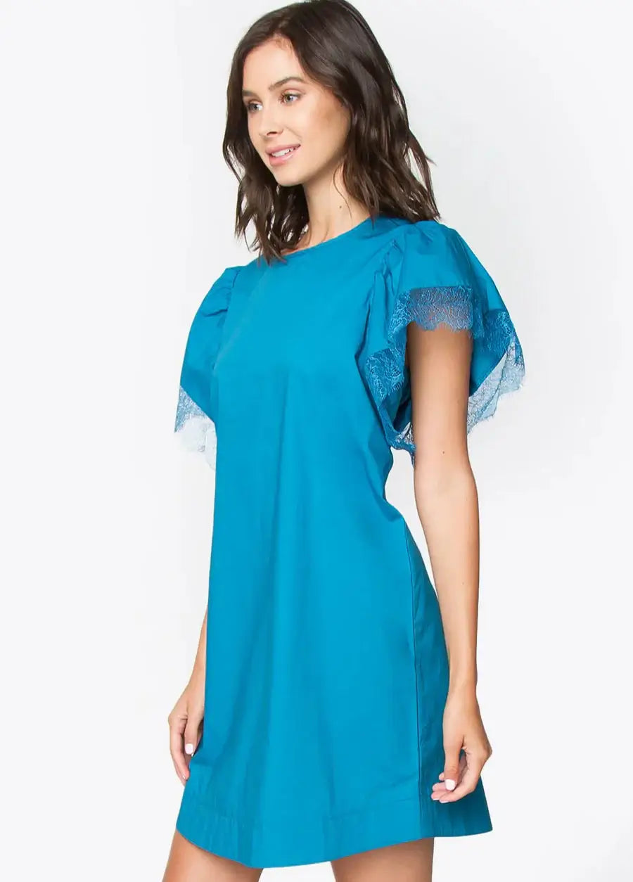 Camilia Dress by SugarLips in teal with lace trim sleeves, perfect for chic casual styling.