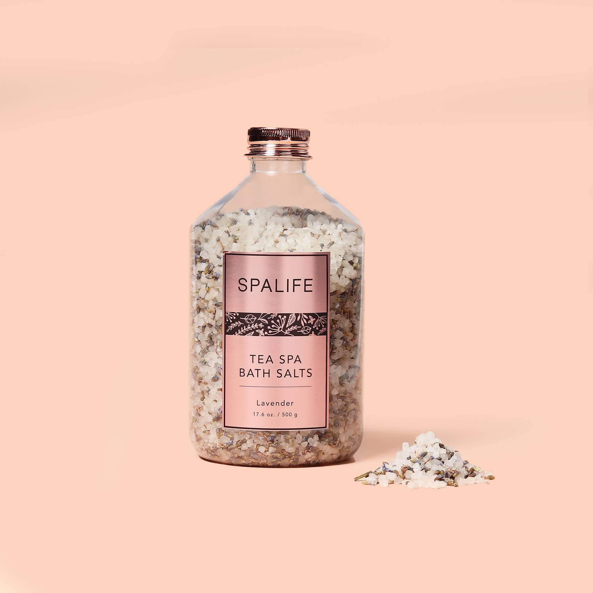 SpaLife Petal-Infused Bath Salts (2 SCENTS) in lavender jar with natural ingredients for a relaxing soak.