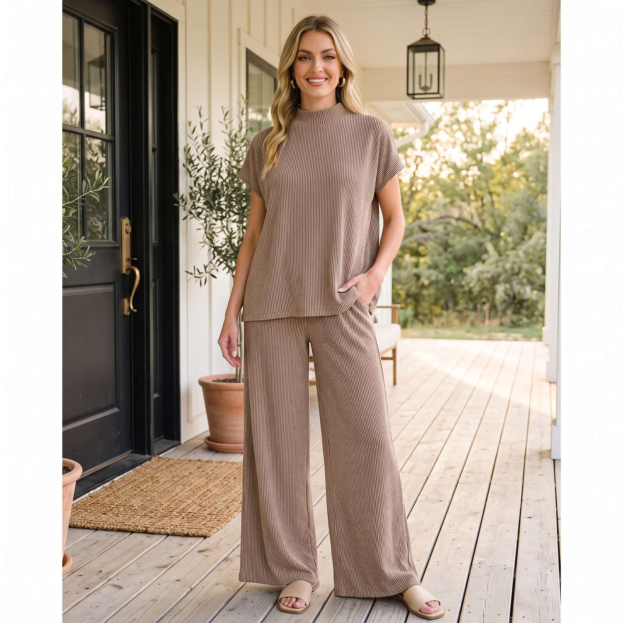BONFIRE NIGHTS PANTS SET (cocoa) in a cozy ribbed texture, model standing outdoors on a porch.