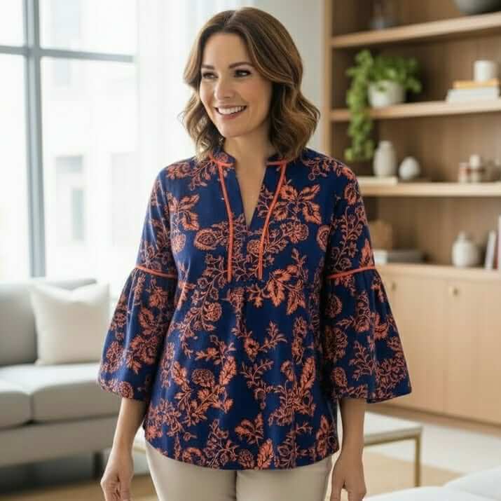 TIMELESS CHARM - Umgee (blue) floral top with 3/4 sleeves, worn by woman in a bright, modern living room.