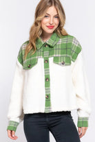 ALPINE CHARM JACKET featuring pine green plaid flannel and cozy sherpa design for a stylish winter look.