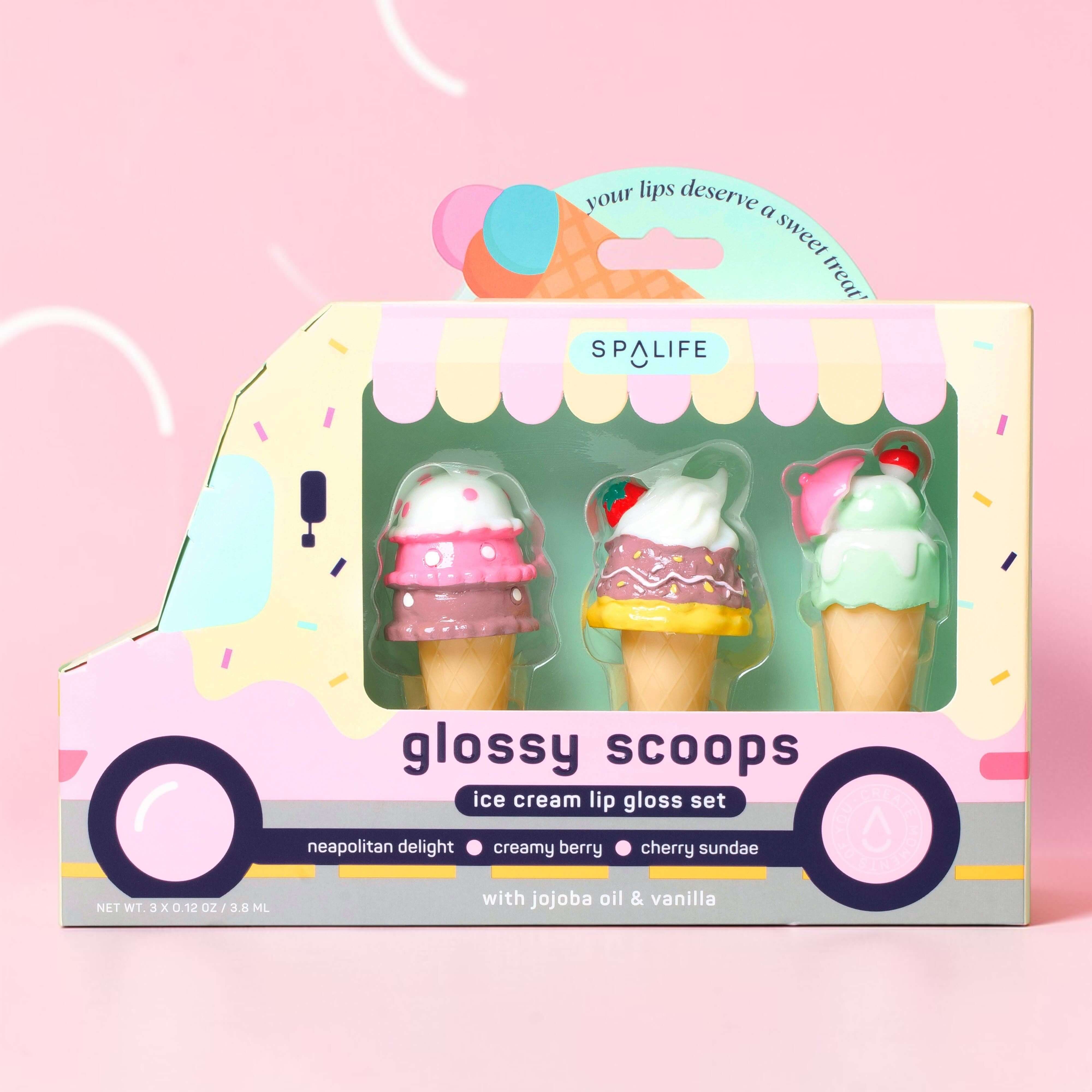 SWEET SHOP LIP GLOSS 3 PC SET featuring Neapolitan Delight, Creamy Berry, and Cherry Sundae in adorable ice cream packaging.