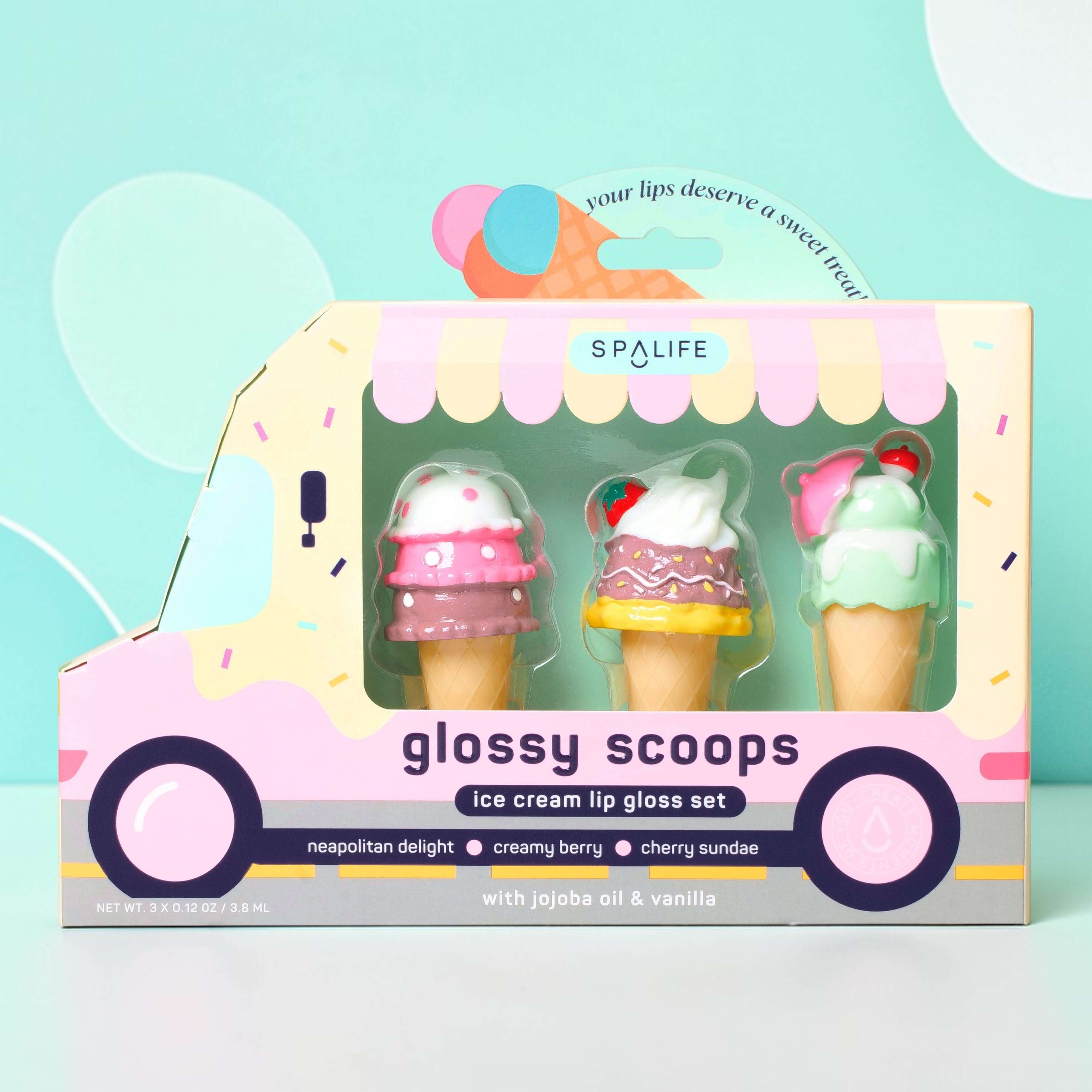 SWEET SHOP LIP GLOSS 3 PC SET featuring Neapolitan Delight, Creamy Berry, and Cherry Sundae lip glosses in ice cream cones.