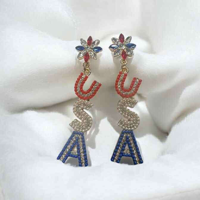 USA All The Way Earrings - Red, White, and Blue Dangle Earrings for Patriotic Spirit.