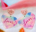 Colorful acrylic Lover Era Earrings with heart-shaped pink glitter studs, perfect for making a fashion statement.