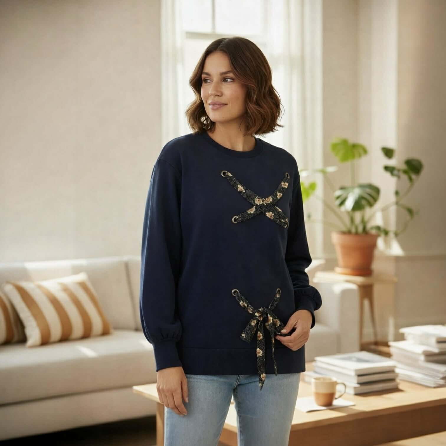 SOFT TIES Crewneck Pullover By Skies Are Blue, featuring ribbon lace-up details and a cozy, stylish design.
