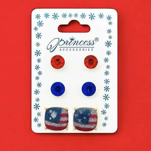 Freedom Trio Earring Set featuring red, blue, and American flag stud earrings on a white card by Princess Accessories.