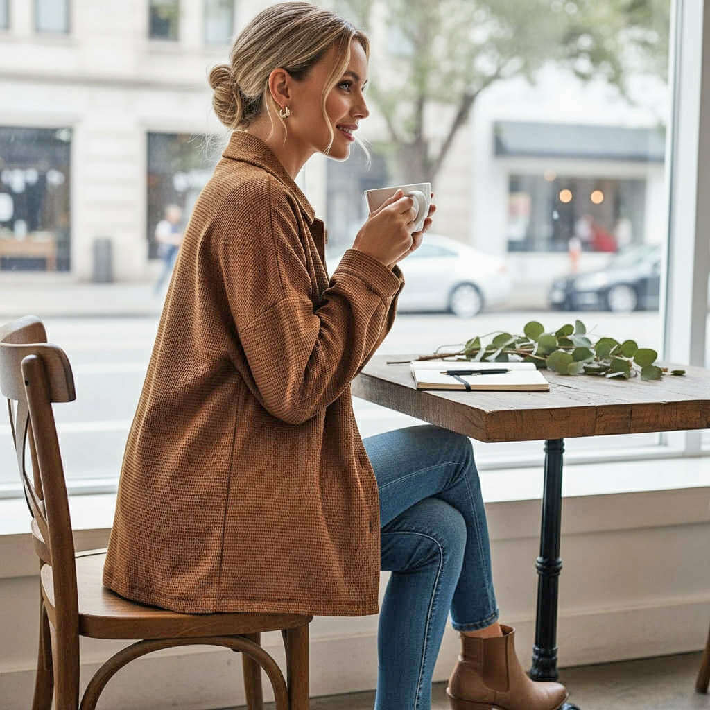 Woman enjoying coffee in a warm brown AMBER WOODS JACKET at a café, showcasing cozy autumn style.