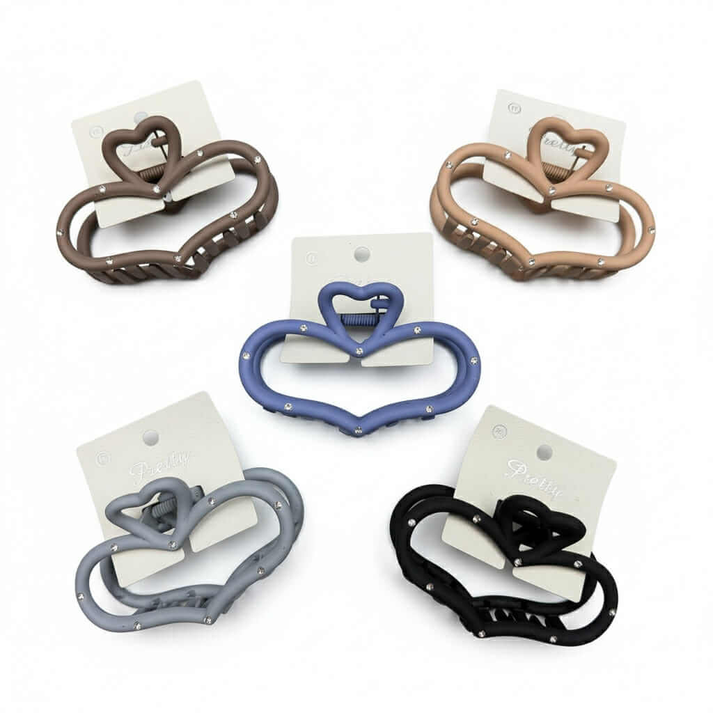Matte Heart Shaped Stone Accent Hair Claw Clip in five color options, showcasing heart-shaped designs and modern matte finishes.