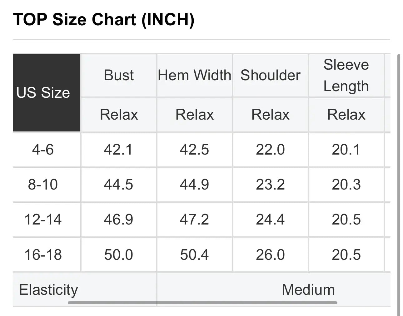 AQUA AVENUE TOP size chart detailing measurements in inches for various US sizes.