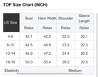 AQUA AVENUE TOP size chart detailing measurements in inches for various US sizes.