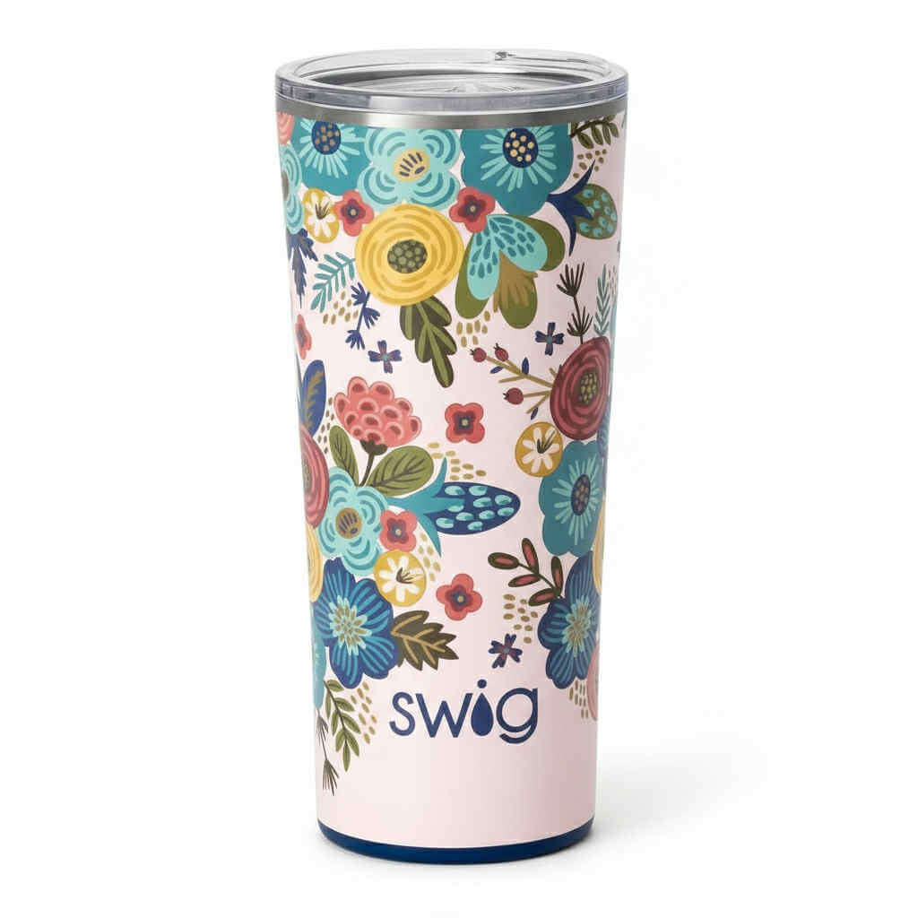 SWIG BELLA ROSA TUMBLR 22 OZ with vibrant floral design in pink background, perfect for hot and cold beverages.