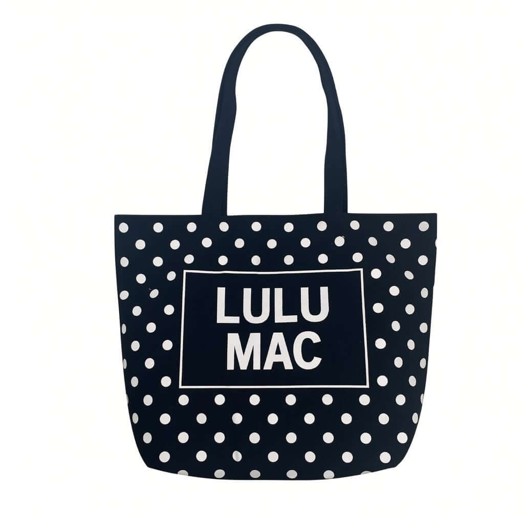 LULU MAC DOT & DASH TOTE BAG (4 colors) featuring a playful polka dot design and the signature Lulu Mac logo.