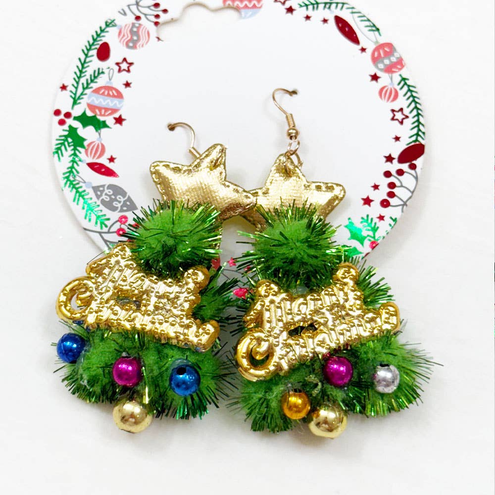 Christmas Theme Dangle Earring Set featuring festive tree designs with gold stars and colorful ornaments.