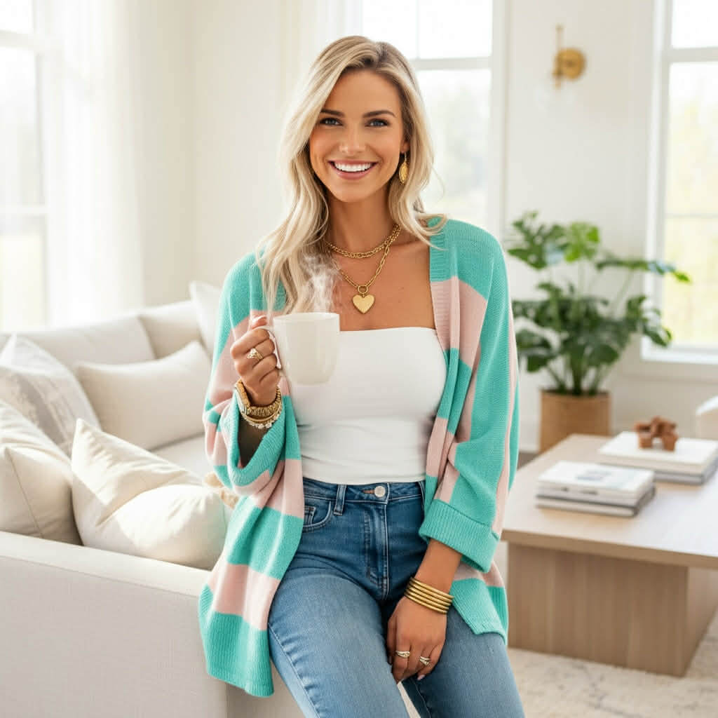 BREEZY HORIZON CARDIGAN in Iceland blue colorblock, styled with a white tank and relaxed jeans, cozy and chic look.
