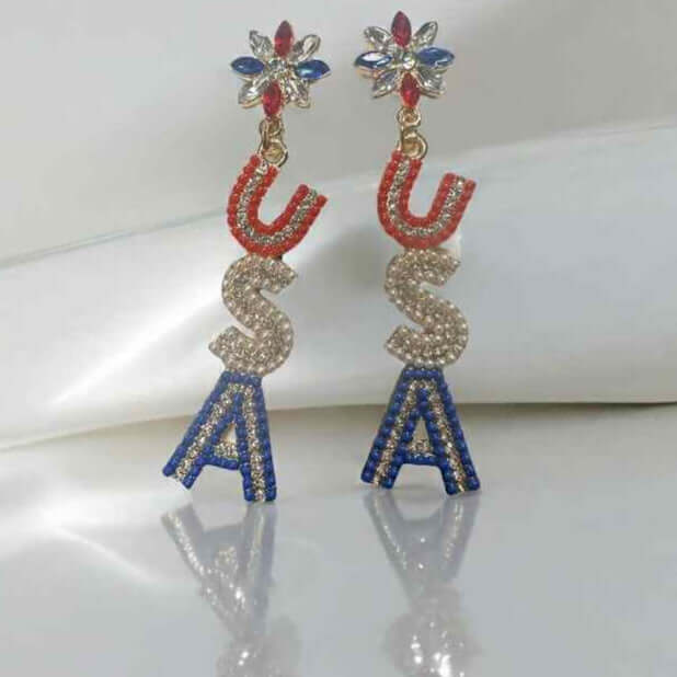 USA All The Way Earrings - red, white, and blue sparkly dangle earrings for patriotic celebrations.