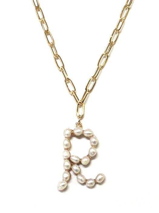 Elegant pearl monogram necklace with an 'R' pendant on a gold-tone chain by Avenue Zoe.