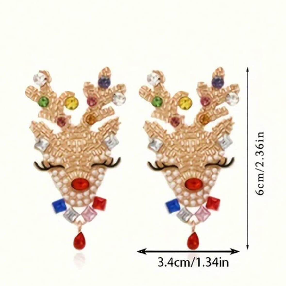 Rhinestone reindeer Christmas earrings by Vivian-Lu, gold tone with colorful stones, 2" x 1.25", festive stud earrings.