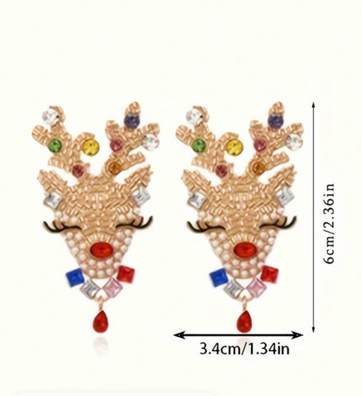 Rhinestone reindeer Christmas earrings by Vivian-Lu, gold tone with colorful stones, 2" x 1.25", festive stud earrings.