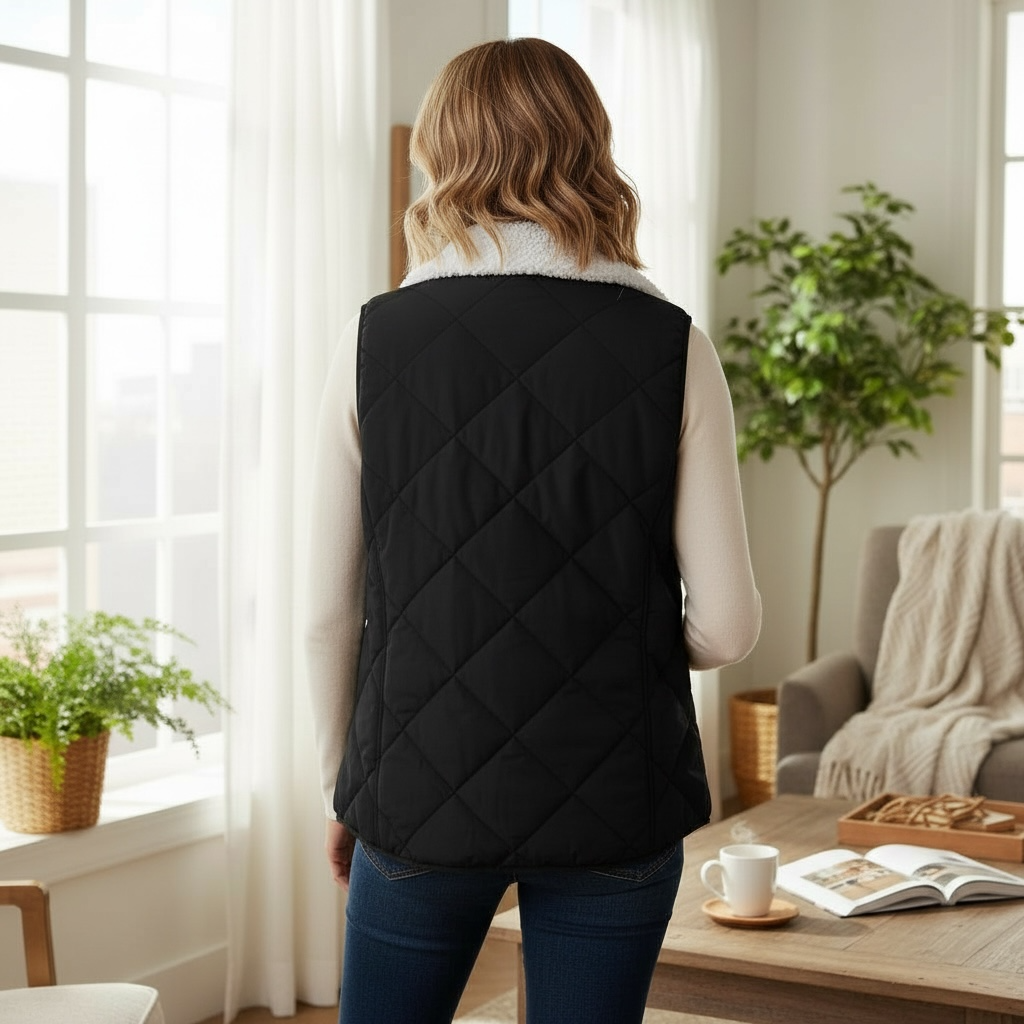 Back view of a woman wearing the REVERSIBLE RETREAT VEST (black) showing cozy Sherpa lining.
