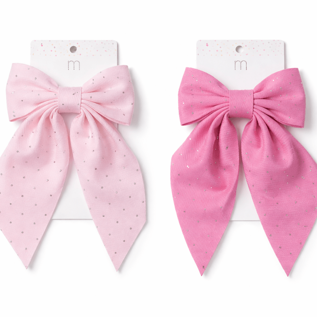 SUGAR SPARKLE HAIR BOWS (2 colors) featuring a light pink and vibrant pink bow with rhinestones, perfect for styling.