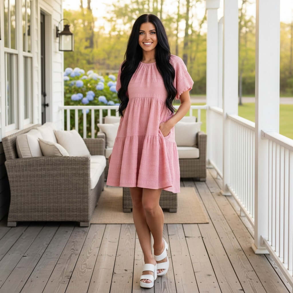 Model wearing the SWEET MOOD DRESS - Gigio in soft pink, showcasing its relaxed fit and charming style on a porch.